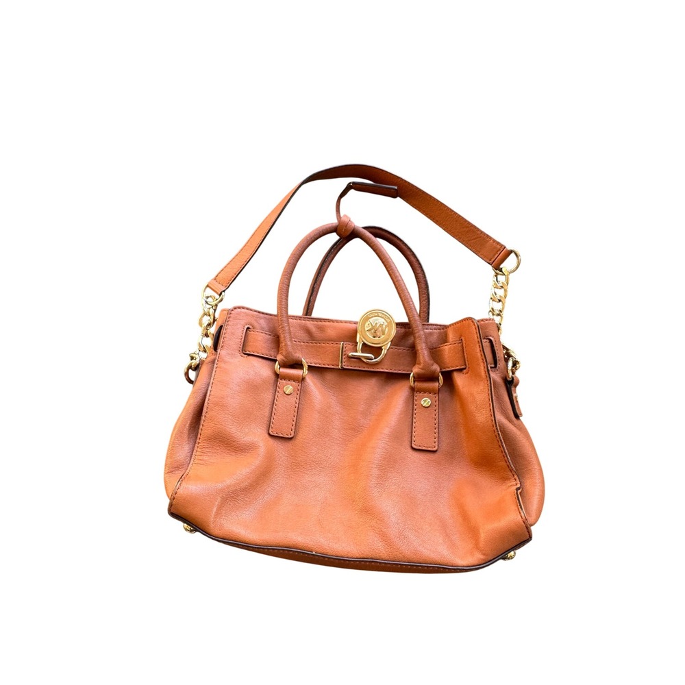 Michael Kors Hamilton Cognac Leather Satchel Gold Padlock Handbag with Pouch